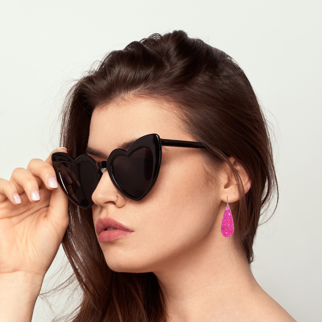 Neon Pink Teardop Sparkle Earrings