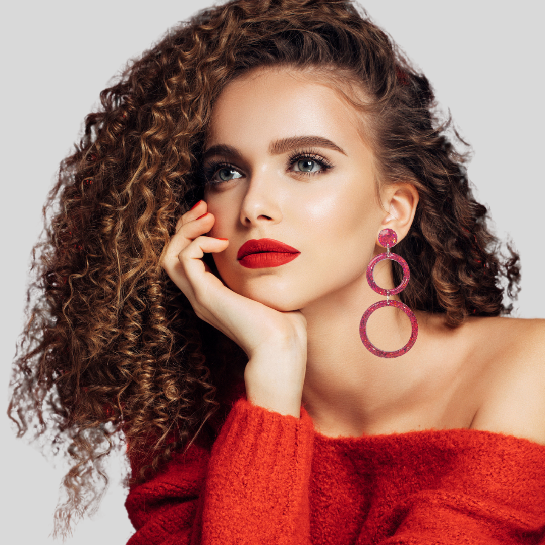 Red Retro Circle Sparkle Earrings