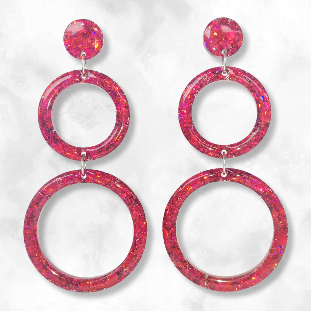 Red Retro Circle Sparkle Earrings