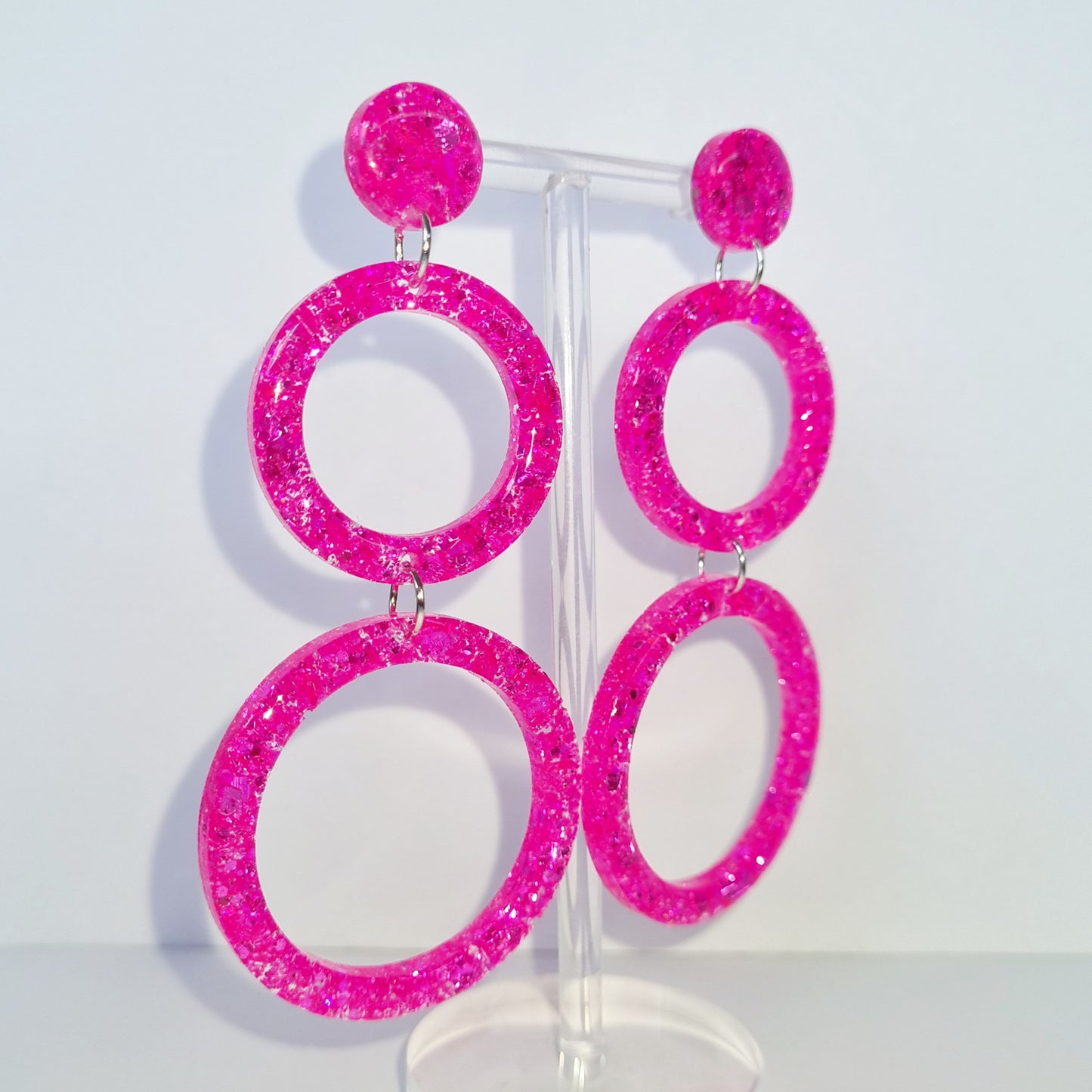 Neon Pink Retro Circle Sparkle Earrings