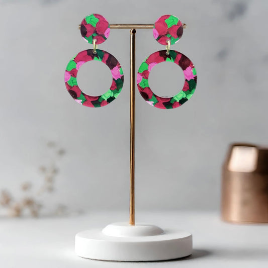 Pink & Green Earrings - Double Circles