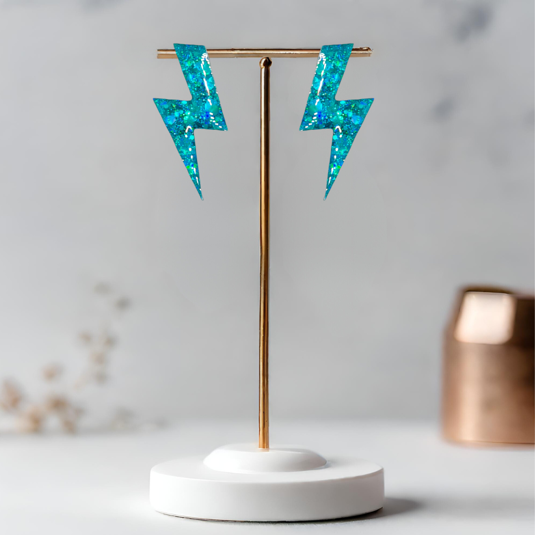 Aqua Lightning Bolt Sparkle Earrings