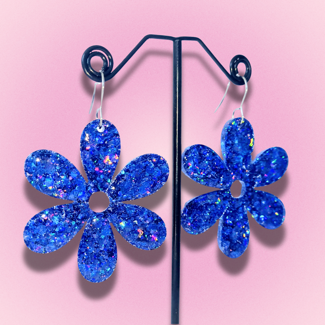 Dark Blue Flower Sparkle Earrings