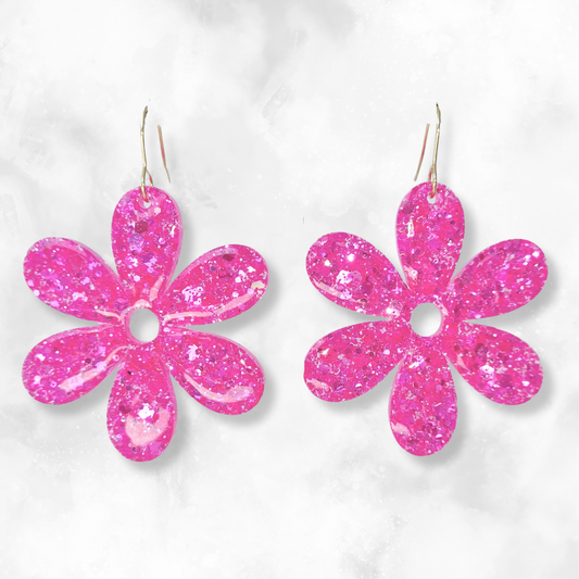 Neon Pink Flower Sparkle Earrings