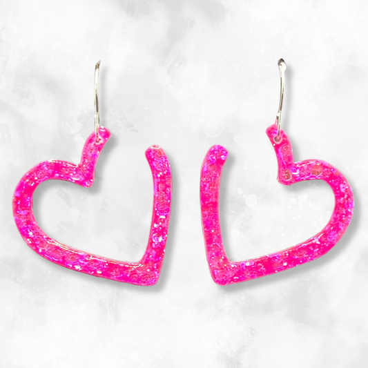 Neon Pink Heart Sparkle Earrings