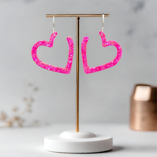 Neon Pink Heart Sparkle Earrings