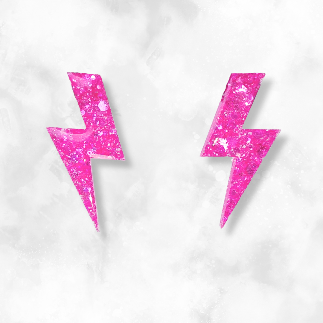 Neon Pink Lightning Bolt Sparkle Earrings