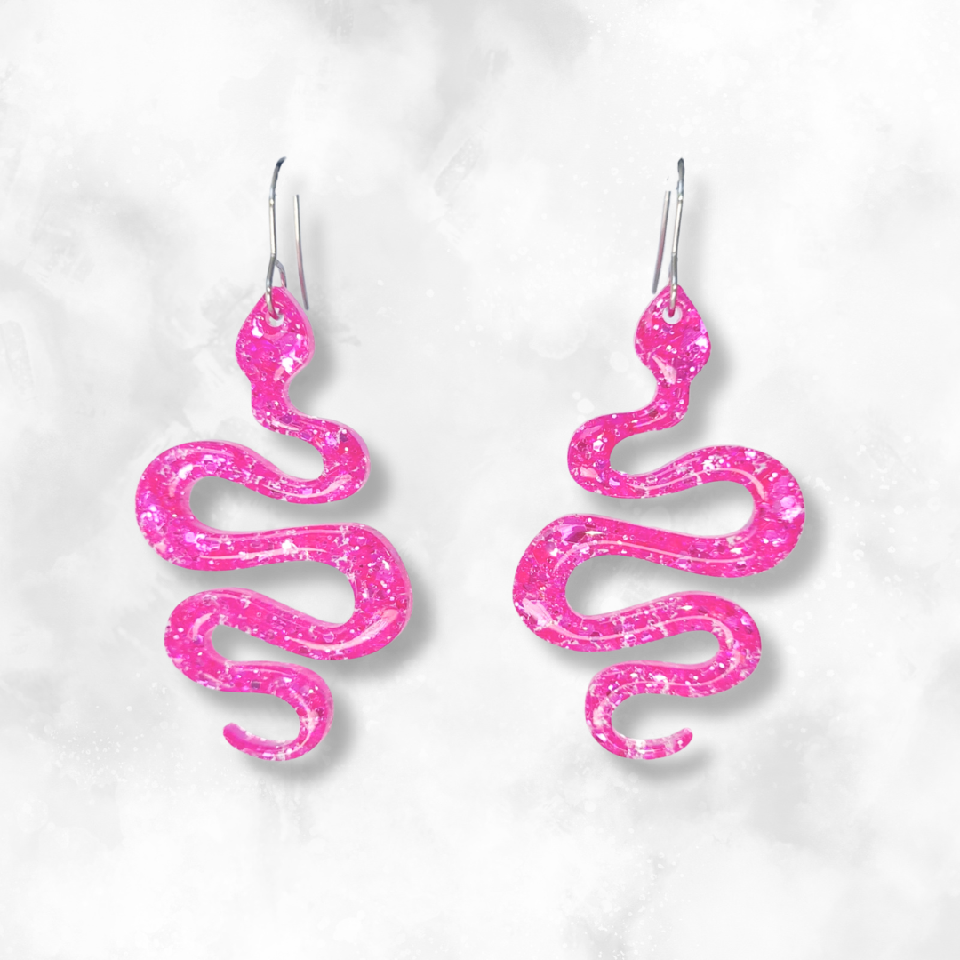 Neon Pink Snake Sparkle Earrings