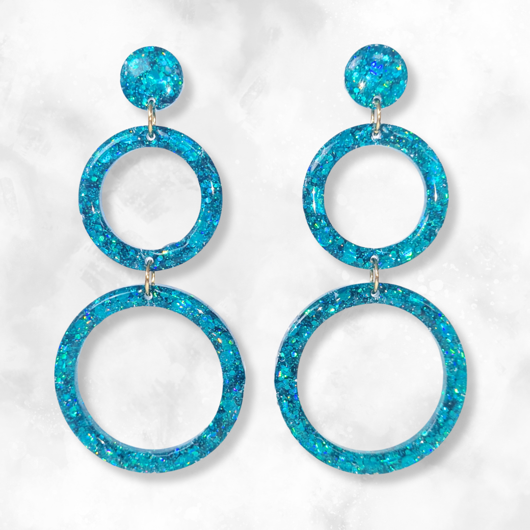 Aqua Retro Circle Sparkle Earrings