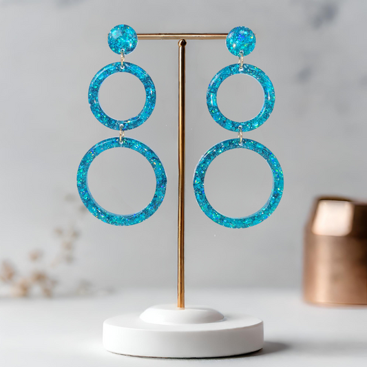 Aqua Retro Circle Sparkle Earrings