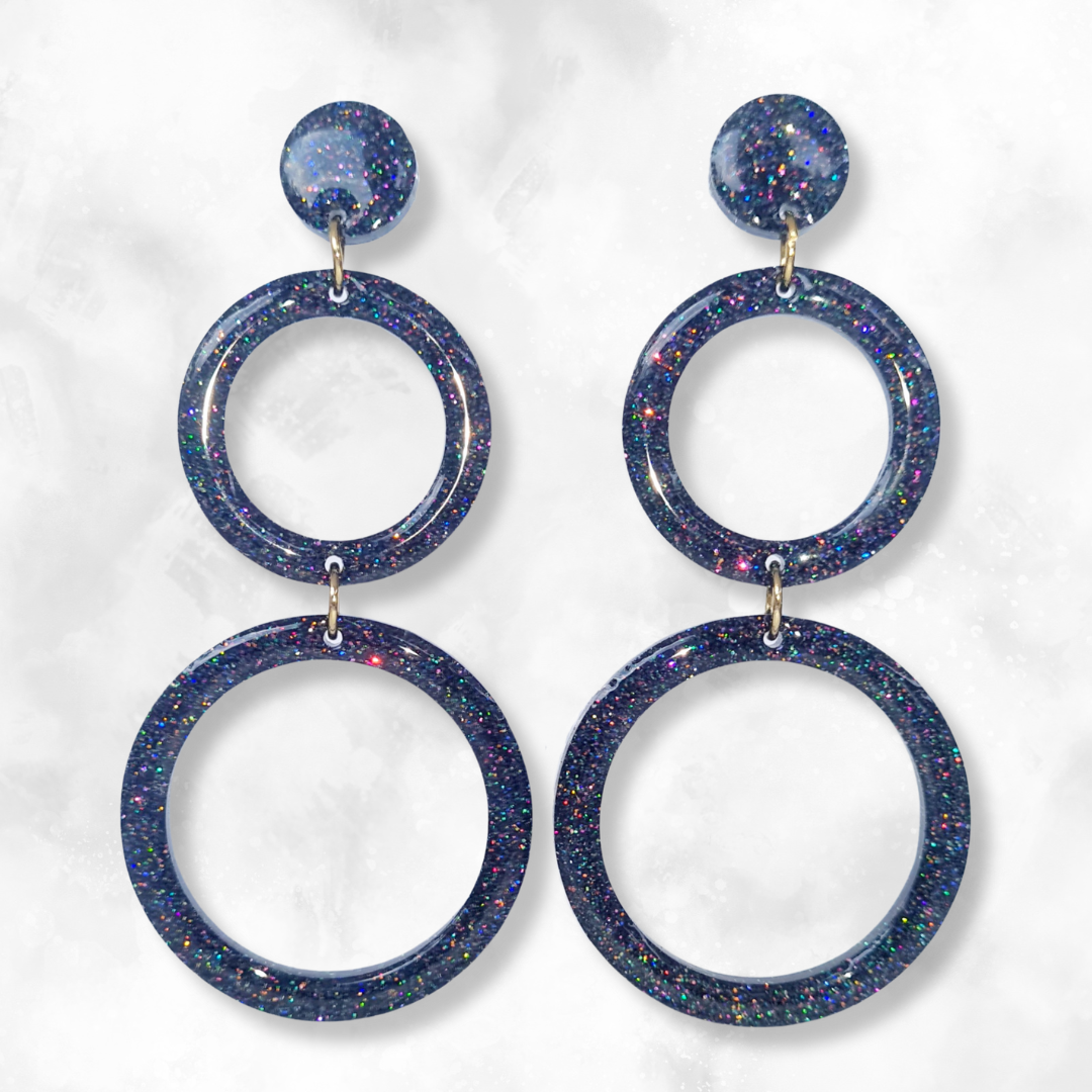 Black Retro Circle Sparkle Earrings