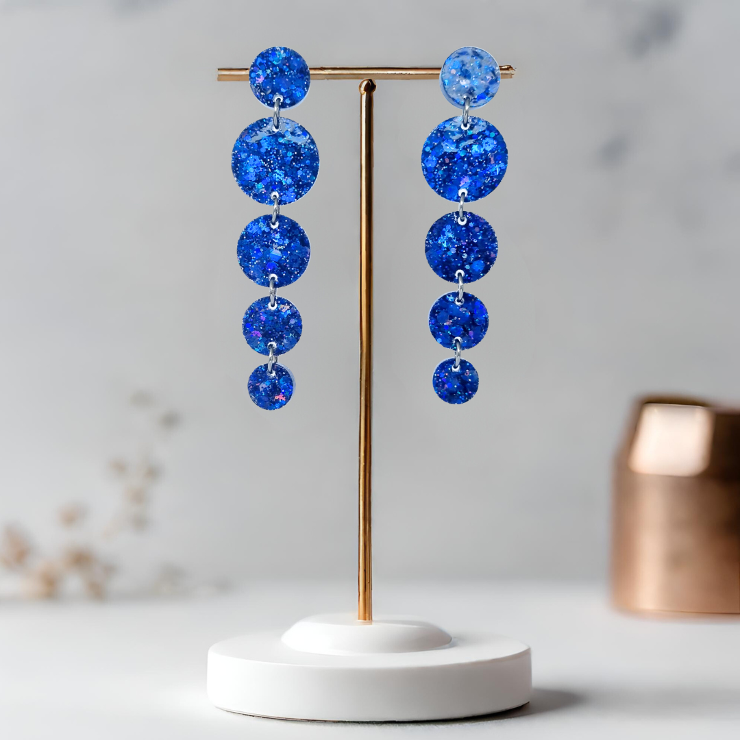 Dark Blue Circle Cascade Sparkle Earrings