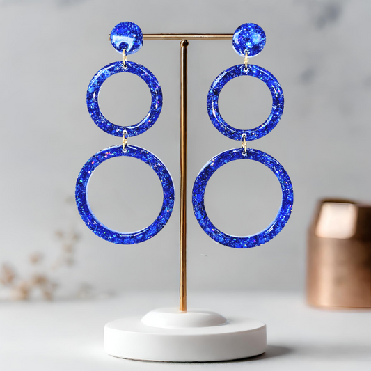 Dark Blue Retro Circle Sparkle Earrings