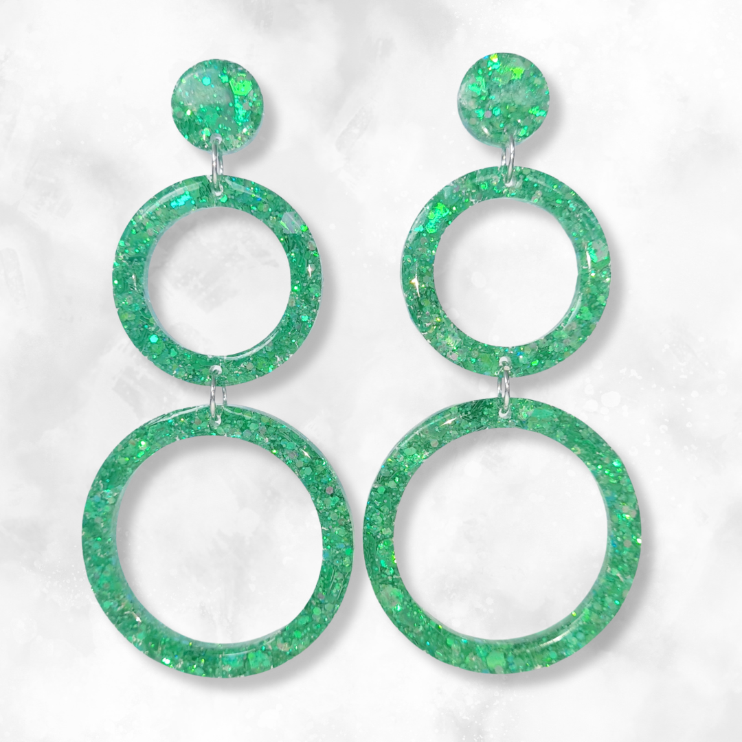 Green Retro Circle Sparkle Earrings