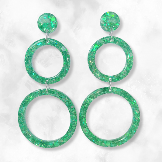 Green Retro Circle Sparkle Earrings