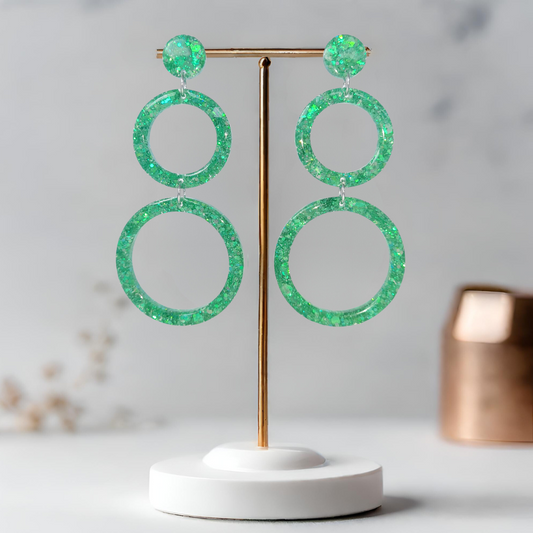 Green Retro Circle Sparkle Earrings