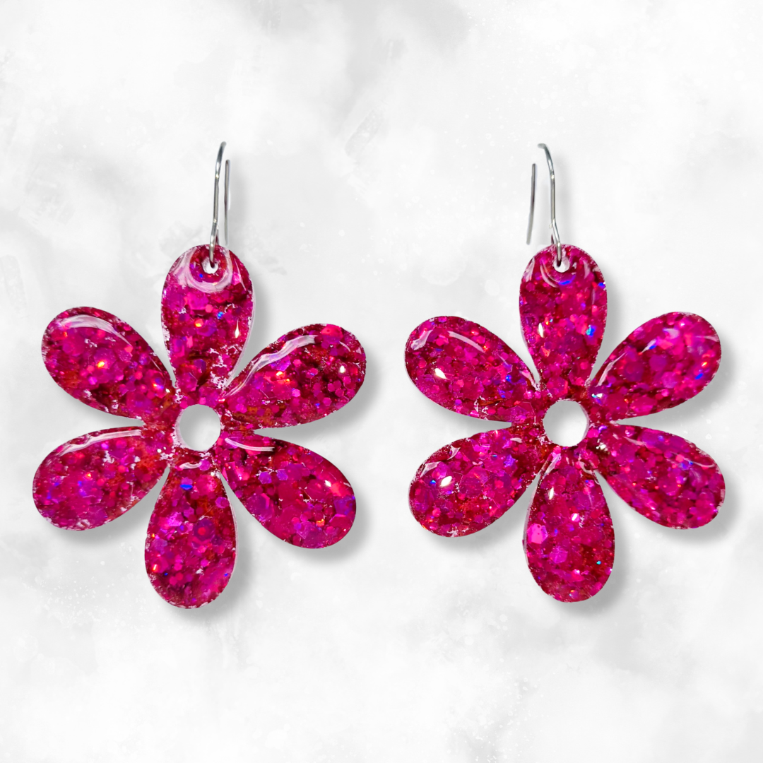 Magenta Flower Sparkle Earrings