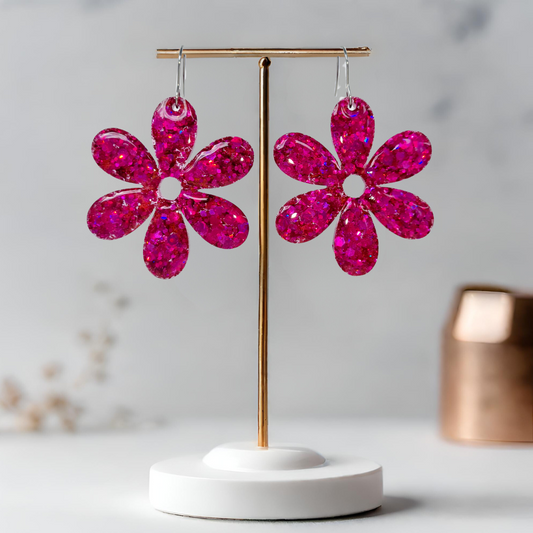 Magenta Flower Sparkle Earrings