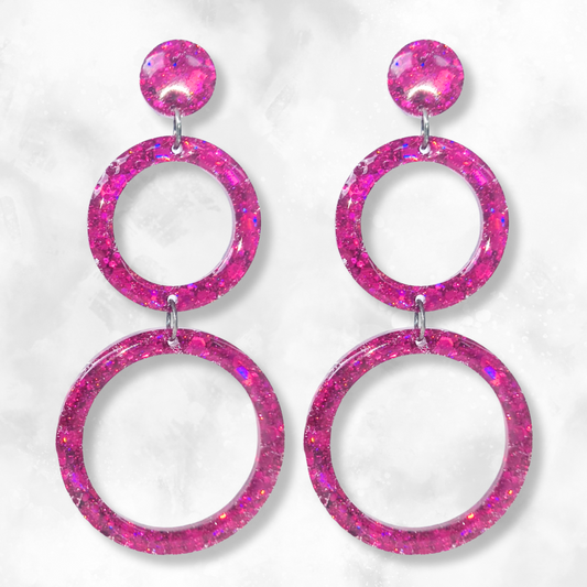 Magenta Retro Circle Sparkle Earrings