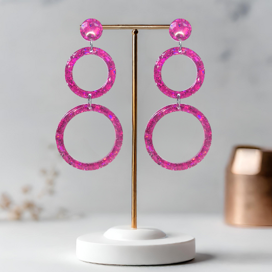 Magenta Retro Circle Sparkle Earrings