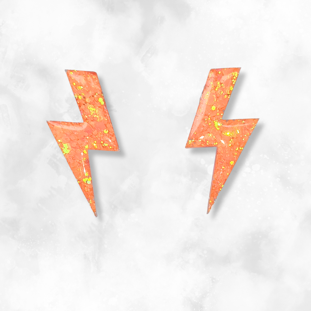 Neon Orange Lightning Bolt Sparkle Earrings