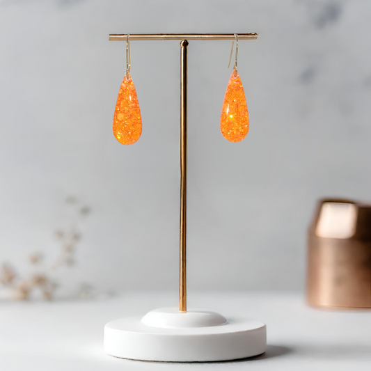 Neon Orange Teardop Sparkle Earrings