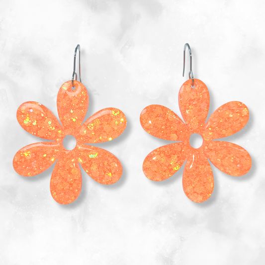 Neon Orange Flower Sparkle Earrings