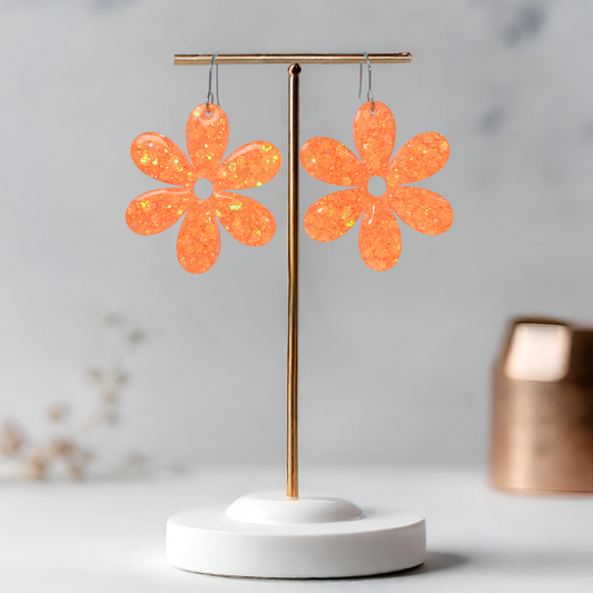 Neon Orange Flower Sparkle Earrings