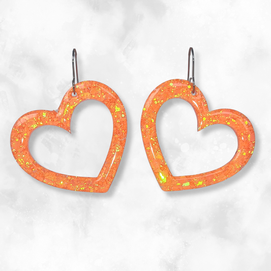 Neon Orange Heart Sparkle Earrings