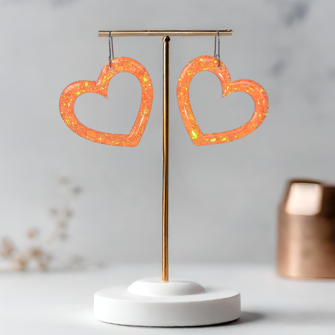 Neon Orange Heart Sparkle Earrings