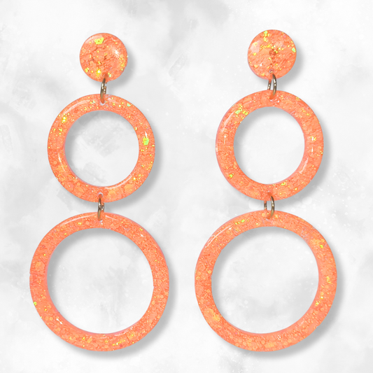 Neon Orange Retro Circle Sparkle Earrings