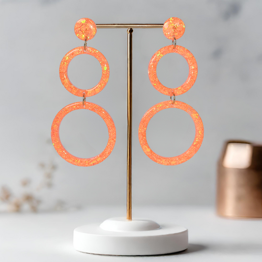 Neon Orange Retro Circle Sparkle Earrings