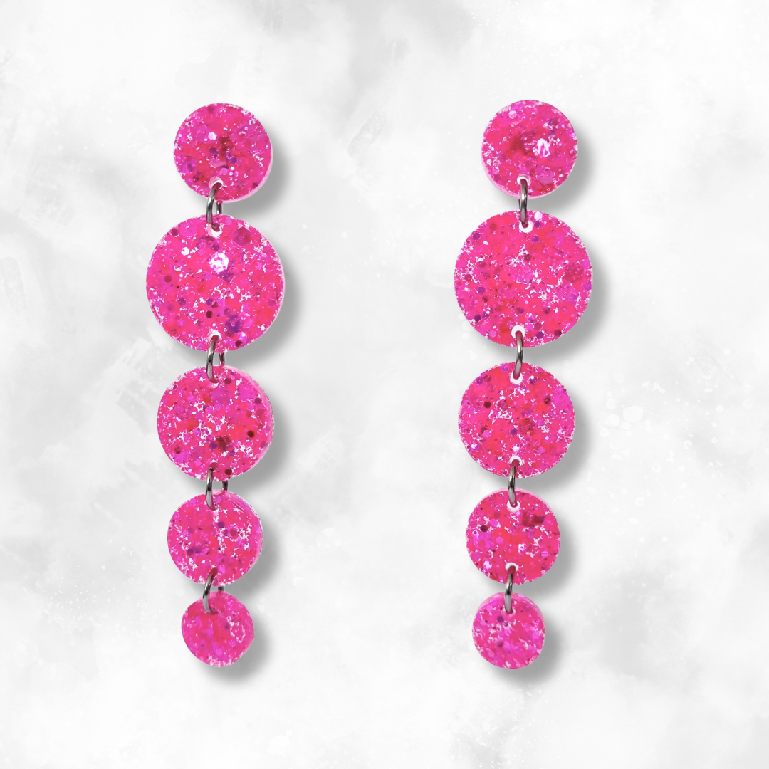 Neon Pink Circle Cascade Sparkle Earrings