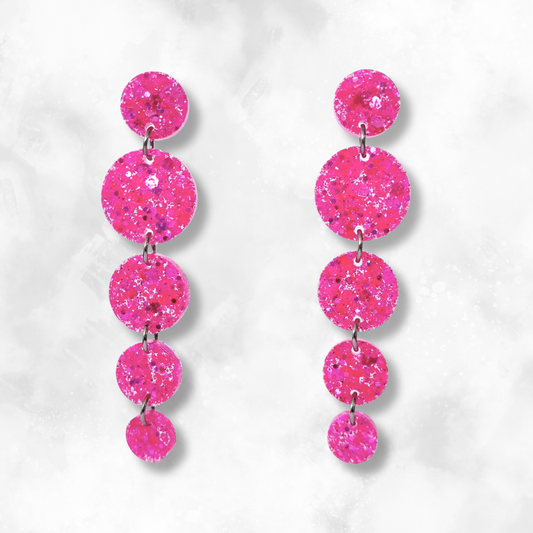 Neon Pink Circle Cascade Sparkle Earrings