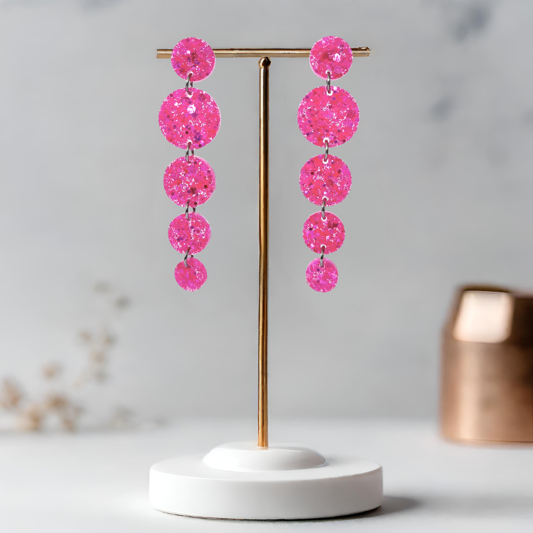 Neon Pink Circle Cascade Sparkle Earrings