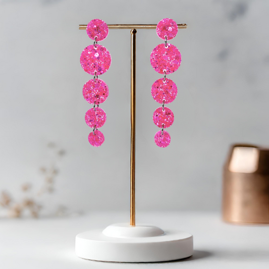 Neon Pink Circle Cascade Sparkle Earrings