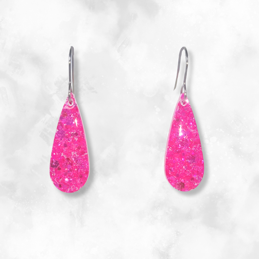 Neon Pink Teardop Sparkle Earrings