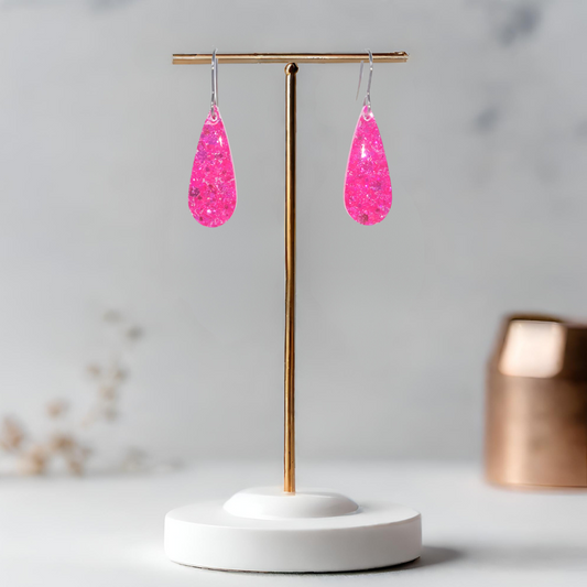 Neon Pink Teardop Sparkle Earrings