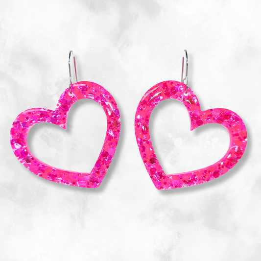 Neon Pink Heart Sparkle Earrings