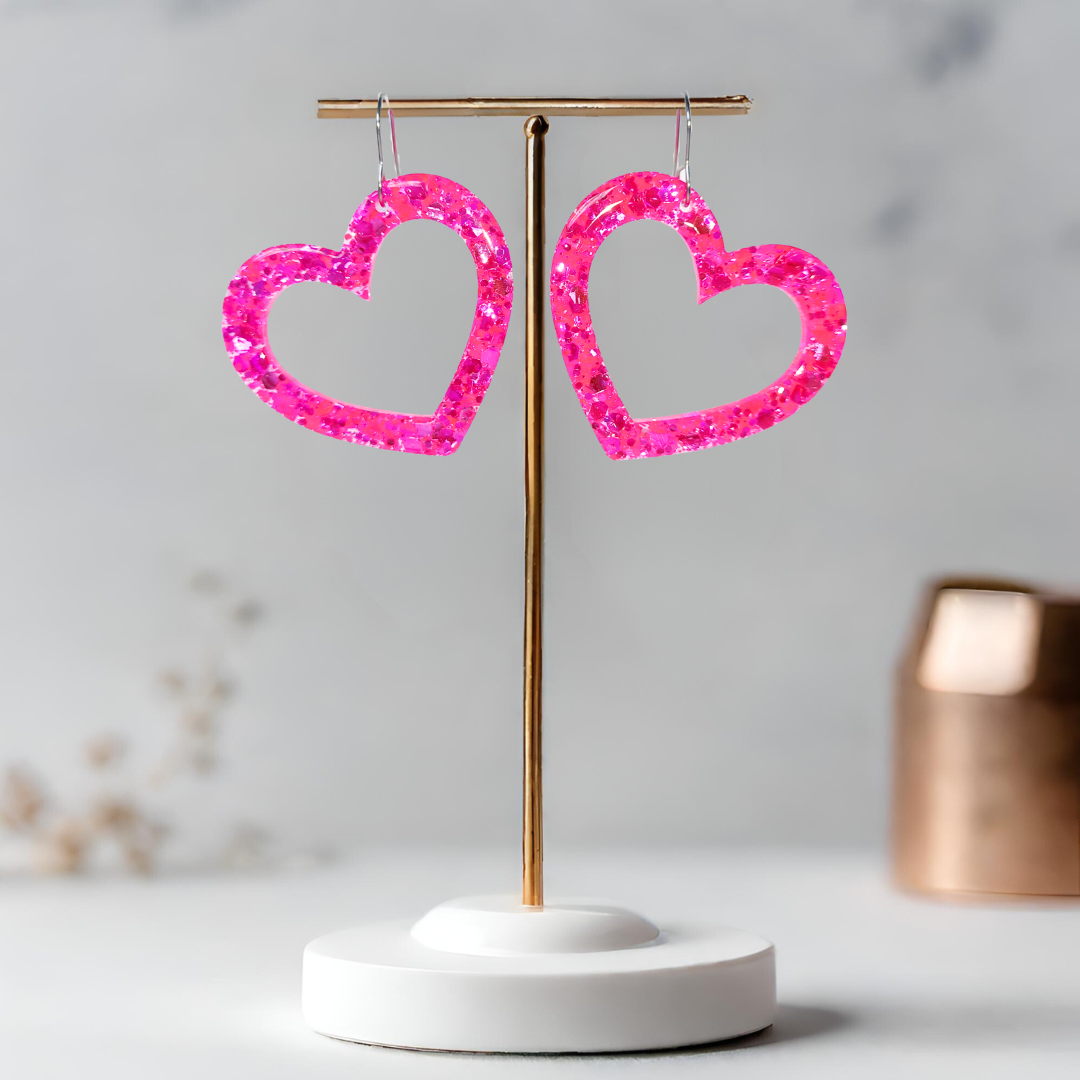 Neon Pink Heart Sparkle Earrings