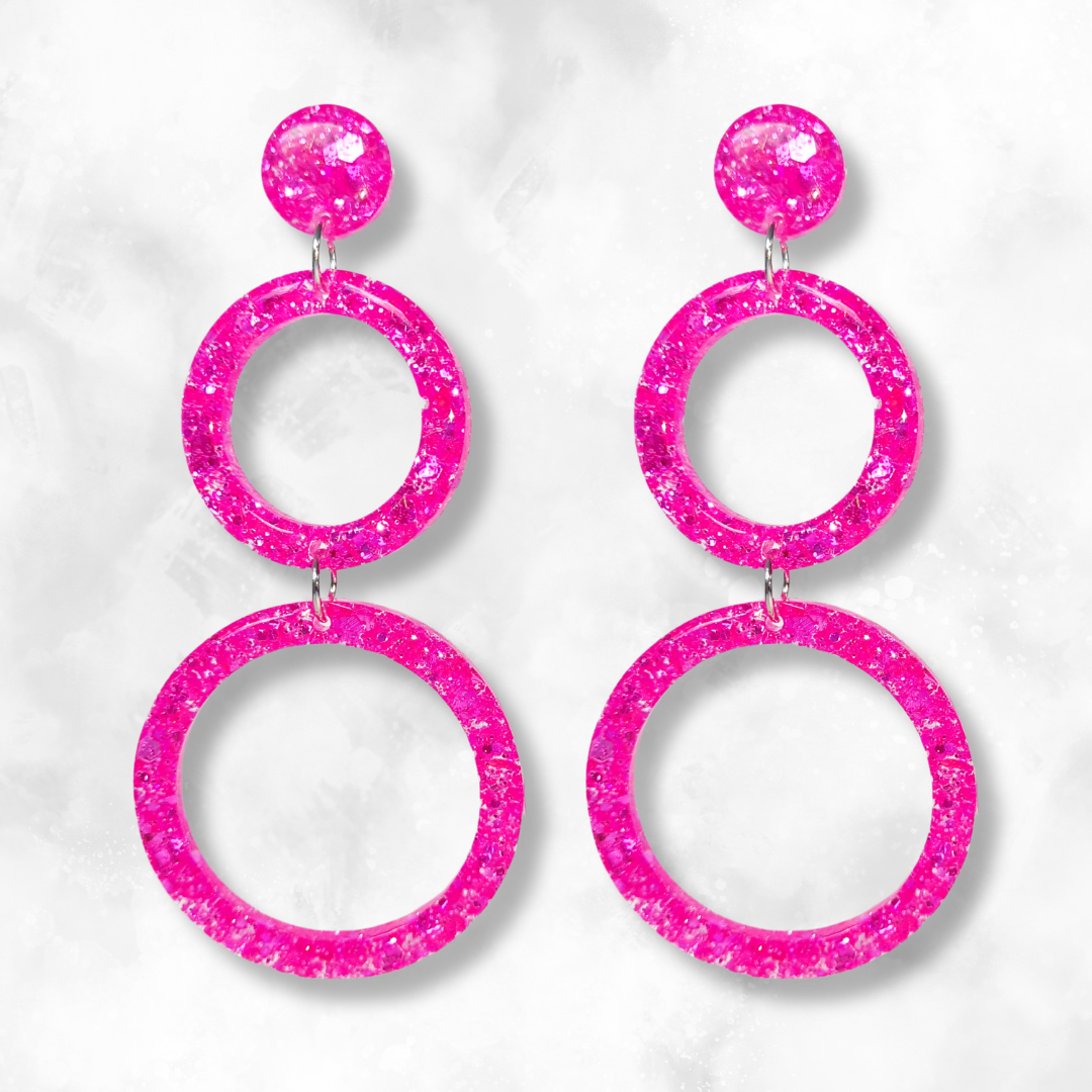 Neon Pink Retro Circle Sparkle Earrings