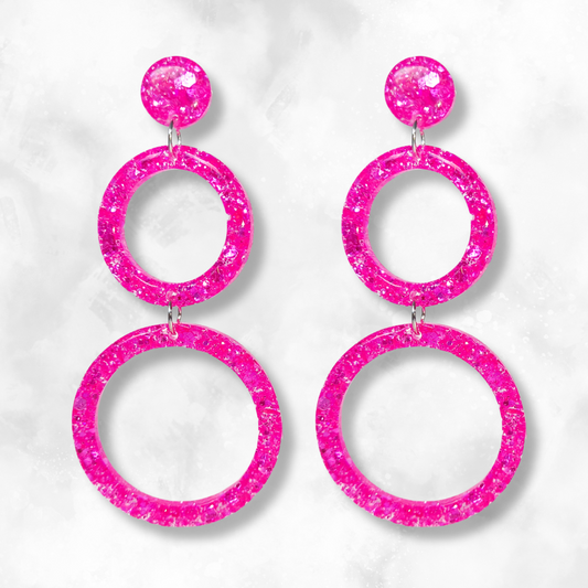 Neon Pink Retro Circle Sparkle Earrings