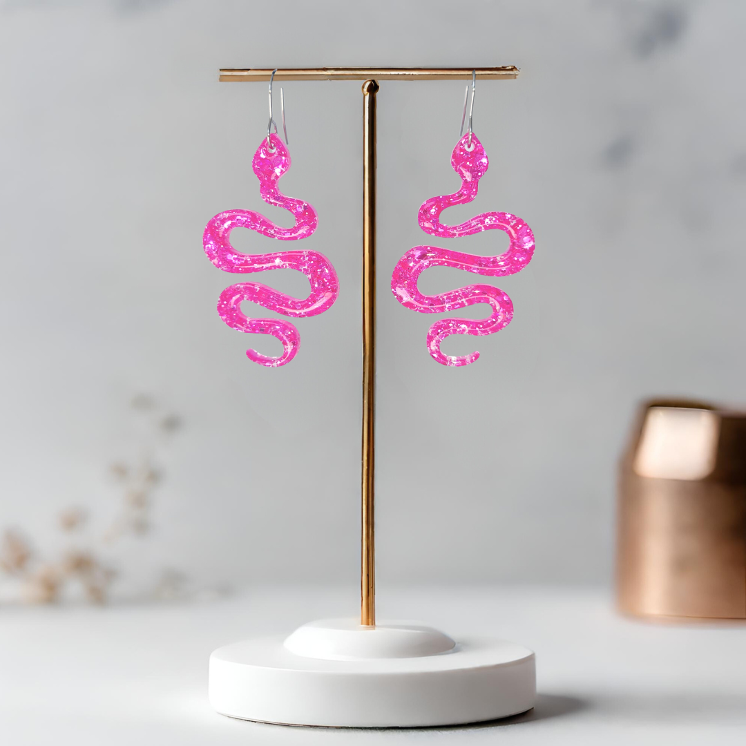 Neon Pink Snake Sparkle Earrings