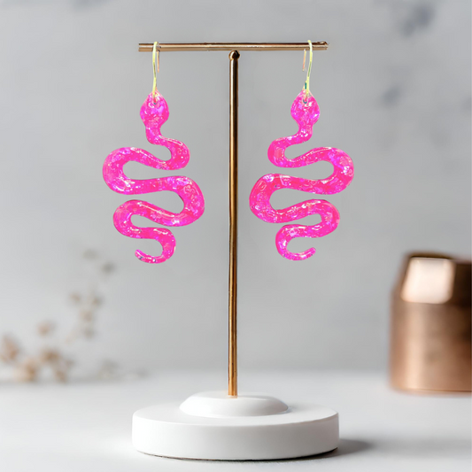 Neon Pink Snake Sparkle Earrings