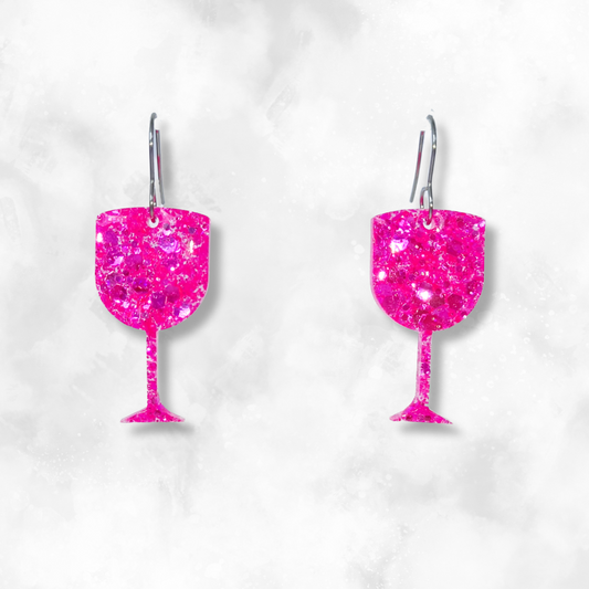 Neon Pink Wine Glass Sparkle Earrings