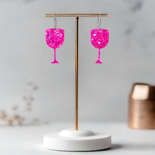 Neon Pink Wine Glass Sparkle Earrings