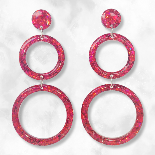 Red Retro Circle Sparkle Earrings