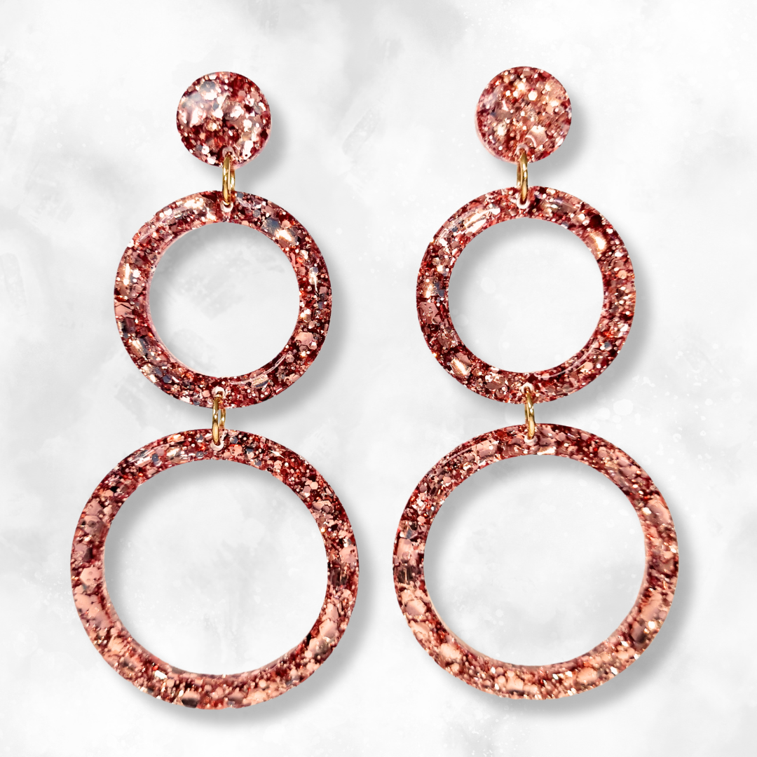 Rose Gold Retro Circles Sparkle Earrings