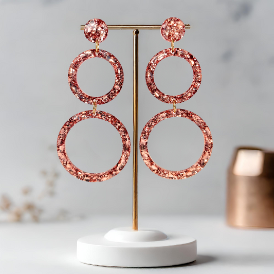 Rose Gold Retro Circles Sparkle Earrings