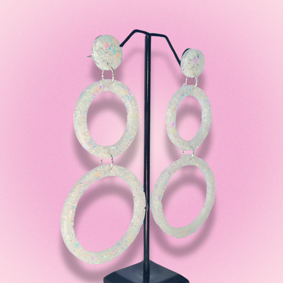 White Retro Circle Sparkle Earrings